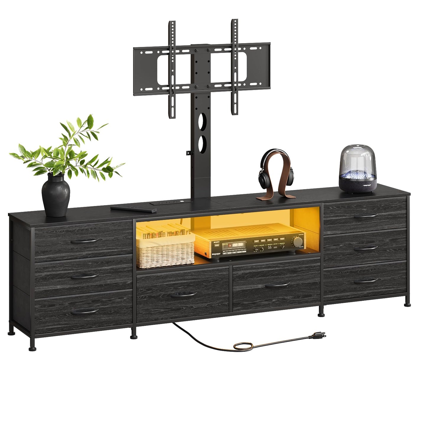Welfuturer Large TV Stand with Power Outlet and LED Lights, Entertainment Center with 8 Drawers and TV Mount, Rustic Wood Media Console Table with Storage for Living Room, Bedroom (Black)