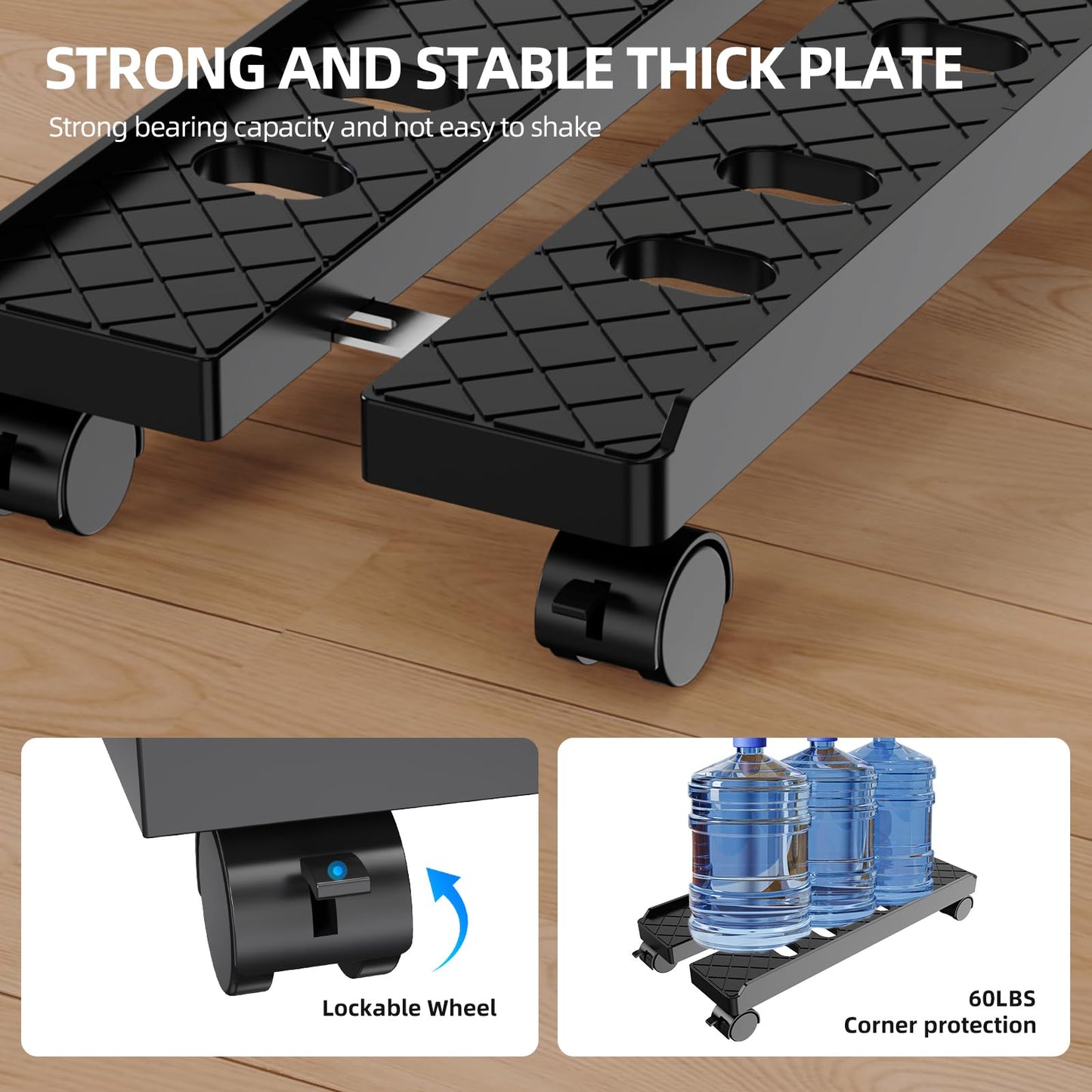 Hovadova Adjustable Mobile CPU Stand, Ventilated Computer Tower Stand with 4 Caster Wheels Fits Most PC Tower, Under Desk CPU Holder PC Floor Cart Computer Riser for Gamers and Students (Large Black)