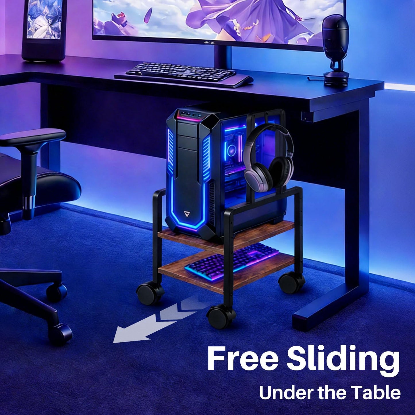 ZIIWIND Adjustable 2-Tier PC Stand, Computer Tower Stand with 360° Locking Wheels & Hooks, CPU Cart for Floor, Carpet and Under Desk, 15.2" x 11.8" x 26", Rustic Brown