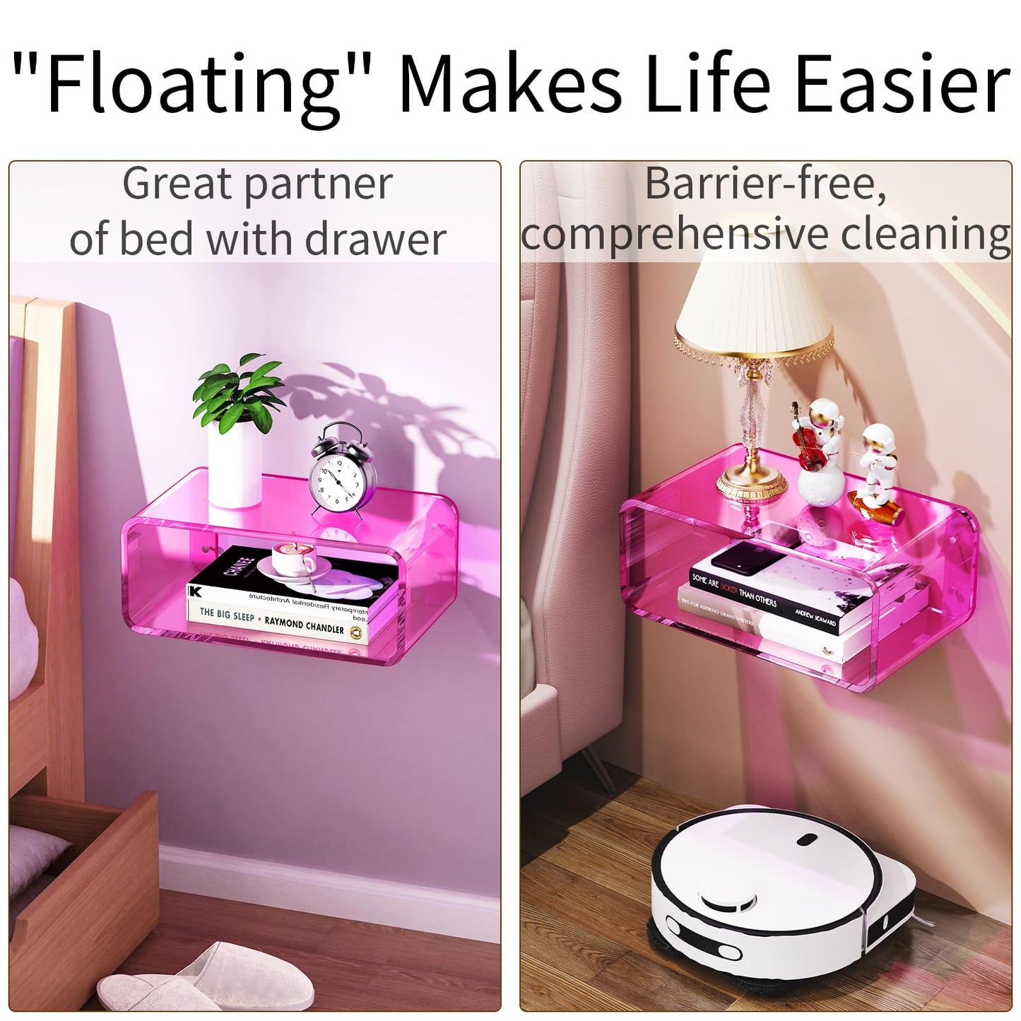 Acrylic Floating Nightstand, Bedside Table, Nightstand Shelf Wall Mounted Bedside Shelf (Pink, Small)