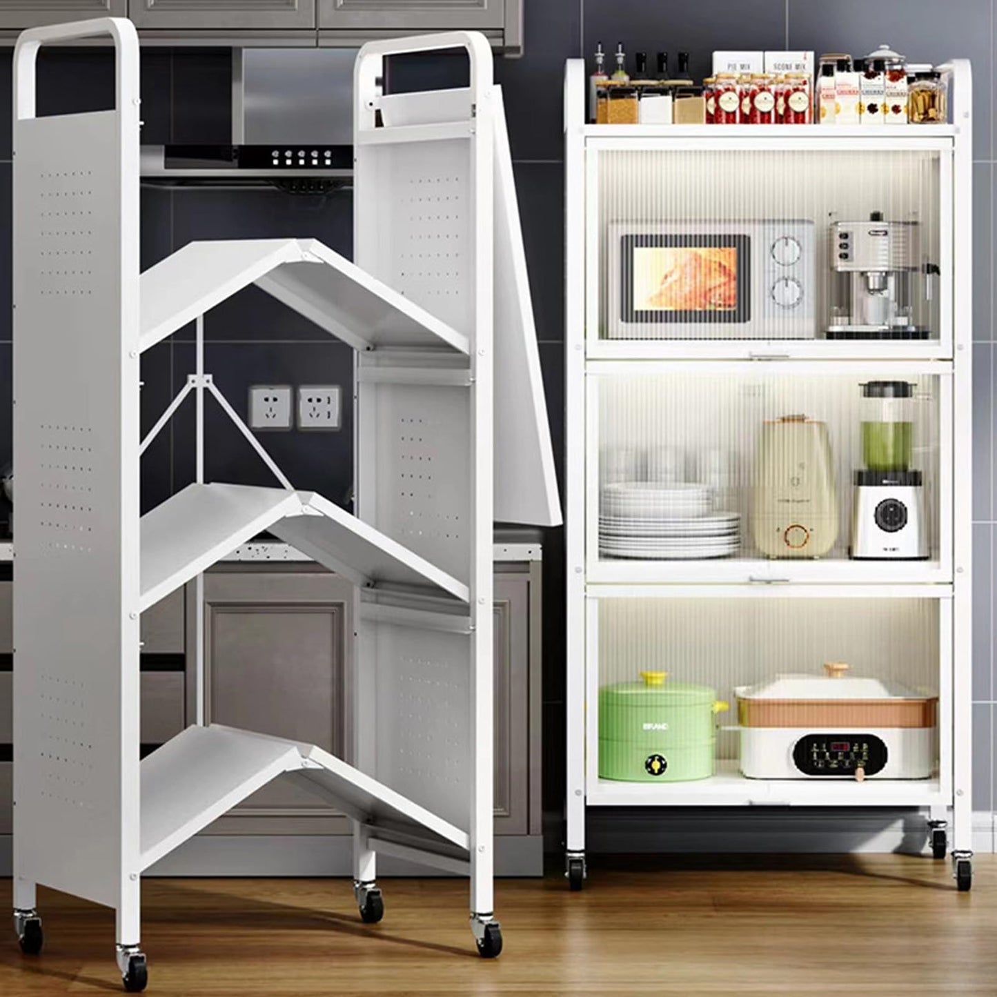 4-Tier Microwave Stand Kitchen Storage Cabinet - White Bakers Rack with Transparent Flip Switch Door, Ideal for Kitchen Hutch, Home Office, Pantry Organization (Size: 60cm/24in)