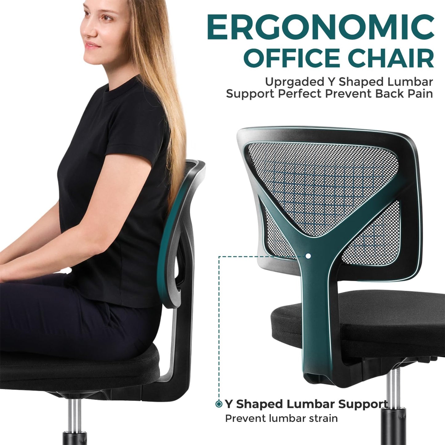 DUMOS Armless Desk Chairs Set of 2, Ergonomic Adjustable Home Office Swivel Rolling Task Chair No Arms, Comfy Mesh Mid Back Computer Work Vanity Desk Chiars with Wheels for Small Spaces, Black