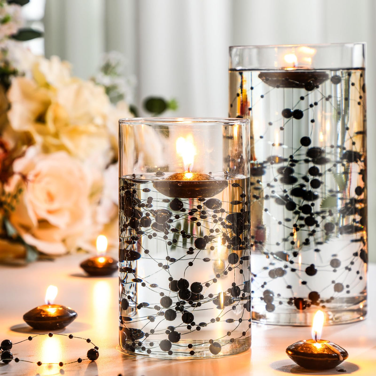 Fumete 40 Pcs Black Floating Candles with Pearl Strings, Small Unscented Floating Candles Centerpiece for Night Events, Gothic Party Table Decor, Wedding, Anniversary, Birthday, Modern Home Decor