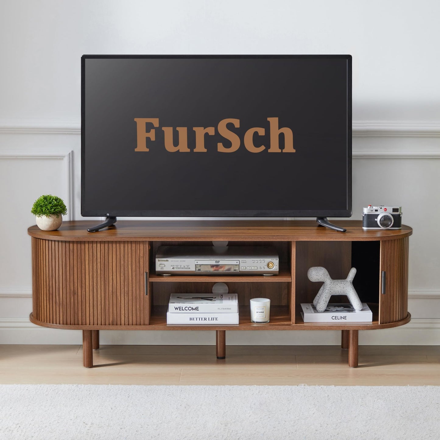 FurSch 53" Tambour Door TV Stand,Wood Mid Century Modern TV Cabinet for Up to 65“ TV,Curved Edge Long TV Stand with Storage for Bedroom Living Room(Walnut, 53inch)
