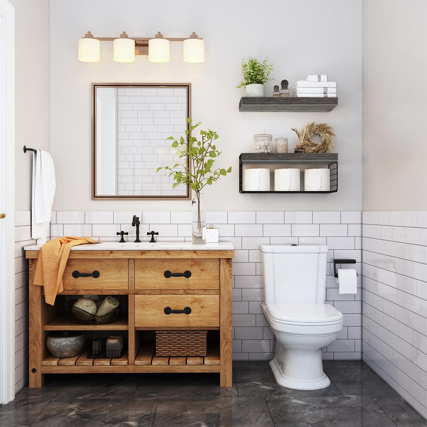 QEEIG Bathroom Shelves Over Toilet - Wall Mounted Floating Shelves Toilet Paper Storage Small Farmhouse Decor Shelf 16 inch Set of 2, Grey (019-GY2)