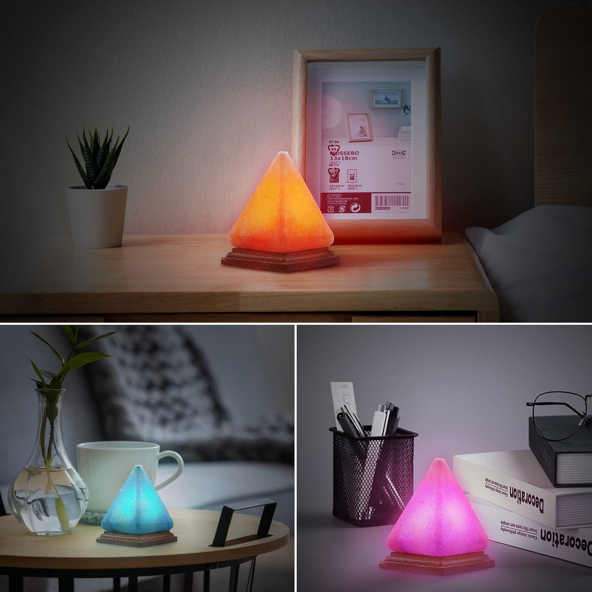 AMIR Pyramid Salt Lamp, 8 Colors Changing Himalayan Salt Lamp Crystal Rock Lamp, USB Salt Lamps Release Negative Ions for Bedroom, Living Room, Office Home Deco Yoga Gift