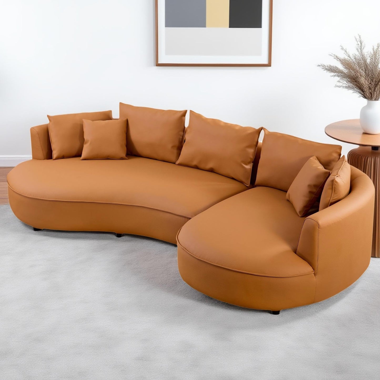 BBTJOINT Modern Curved Sofa for Living Room – Customizable Modular L-Shape Sectional with Semicircular Chaise, Faux Leather Upholstery, Minimalist Deep Seat, Orange