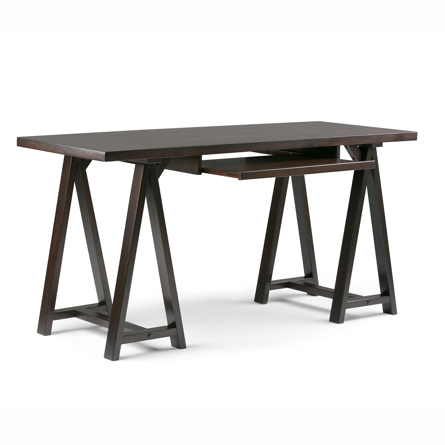 SIMPLIHOME Sawhorse Desk - 60 Inch Wide Solid Wood Writing Desk in Dark Chestnut Brown, Modern Industrial Home Office Computer Table for Workspace with Sawhorse Base and Integrated Keyboard Tray
