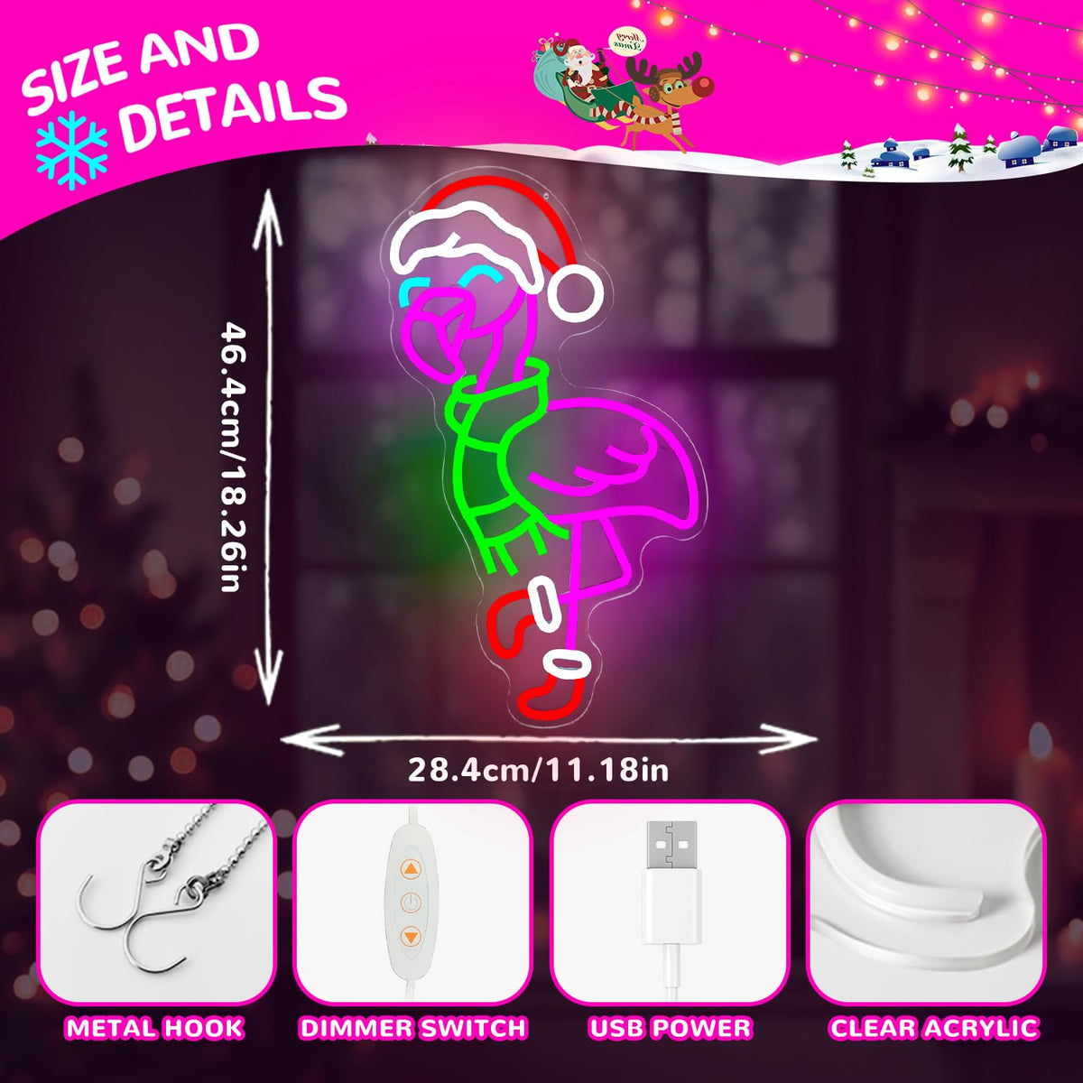 hhuohuona Christmas Flamingo Neon Sign Dimmable Pink Flamingo Christmas Led Sign Flamingos With Santa Hat & Scarf & Stockings Neon Light Tropical Coastal Wall Art Decor