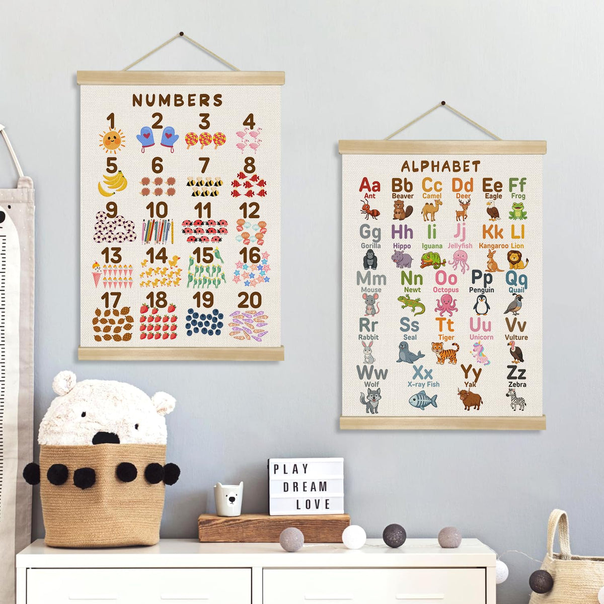 Alphabet Numbers Wall Art Poster Set of 2 ,Boho Educational Canvas Posters for Classroom,1-6 Toddlers ABC and 1-20 Number Learning Banner for Preschool Nursery Playroom,Kids Room Decor 14x18.5 Inch