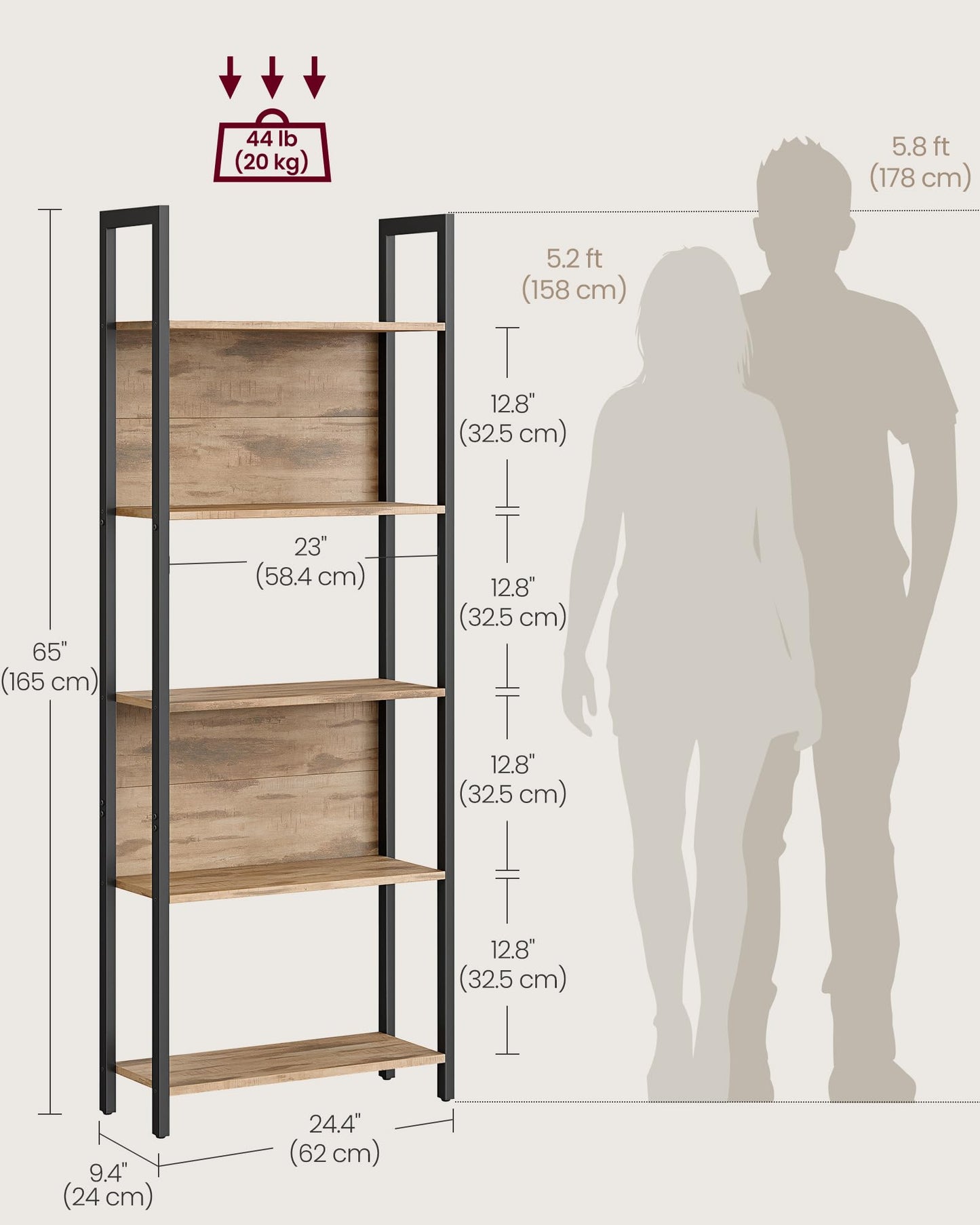 VASAGLE 5-Tier Bookshelf, Book Shelf, Industrial Bookcase, with Steel Frame, for Living Room, Home Office, Bedroom, 9.4 x 24.4 x 65 Inches, Camel Brown and Black ULLS025B50