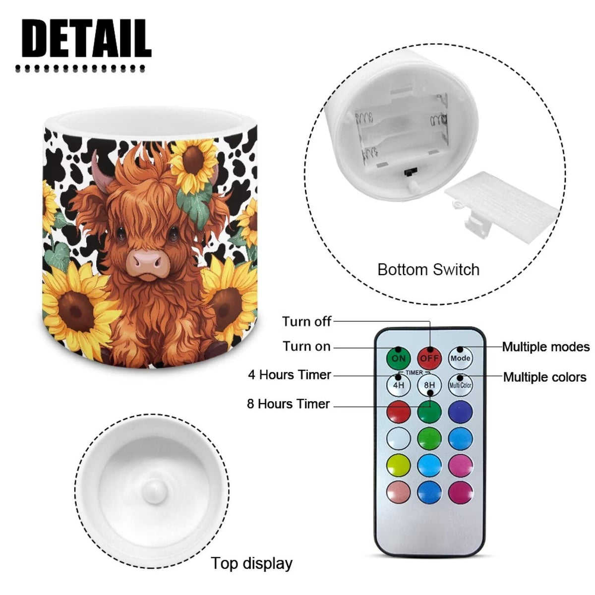 NETILGEN Sunflower Highland Cow Flameless Candles with Remote Control Timer LED Pillar Candles Set of 4 Battery Operated Candles for Home Living Room Decor