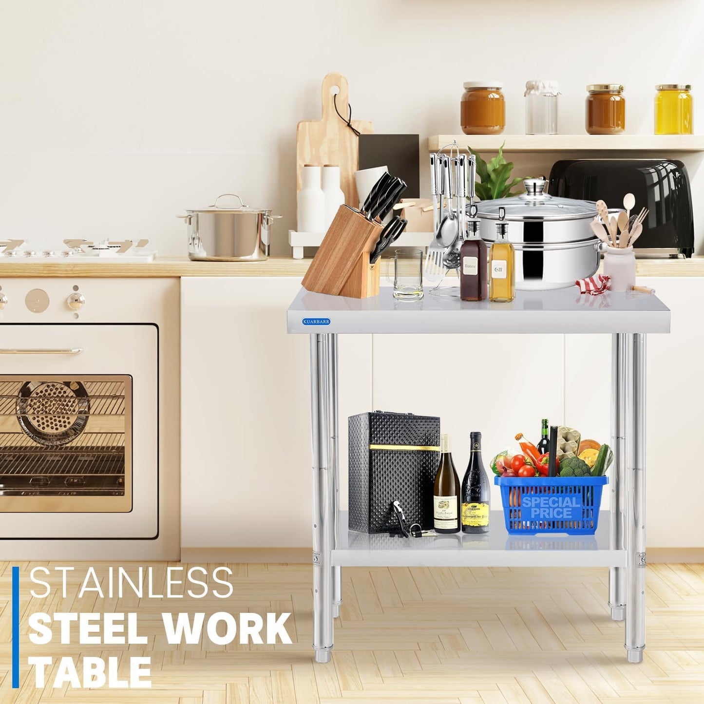 KUARBARR Stainless Steel Table for Prep & Work with Backsplash 24 x 30 Inches NSF Metal Commercial Kitchen Adjustable Under Shelf Worktable for Restaurant Home Outdoor