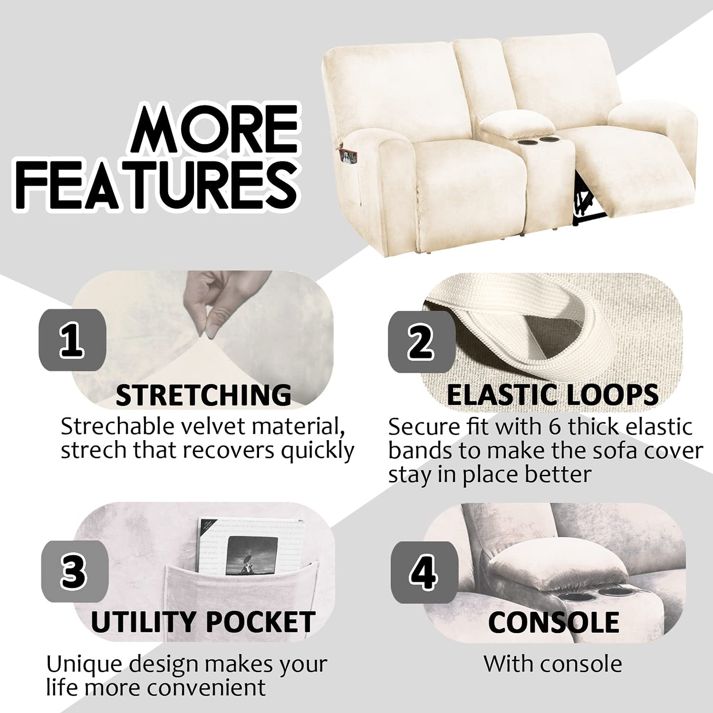 ULTICOR Reclining Love Seat with Middle Console Slipcover, 8-Piece Velvet Stretch Loveseat Reclining Sofa Covers, 2 seat Love seat Recliner Cover, Thick, Soft, Washable, Love seat Slipcovers (Ivory)