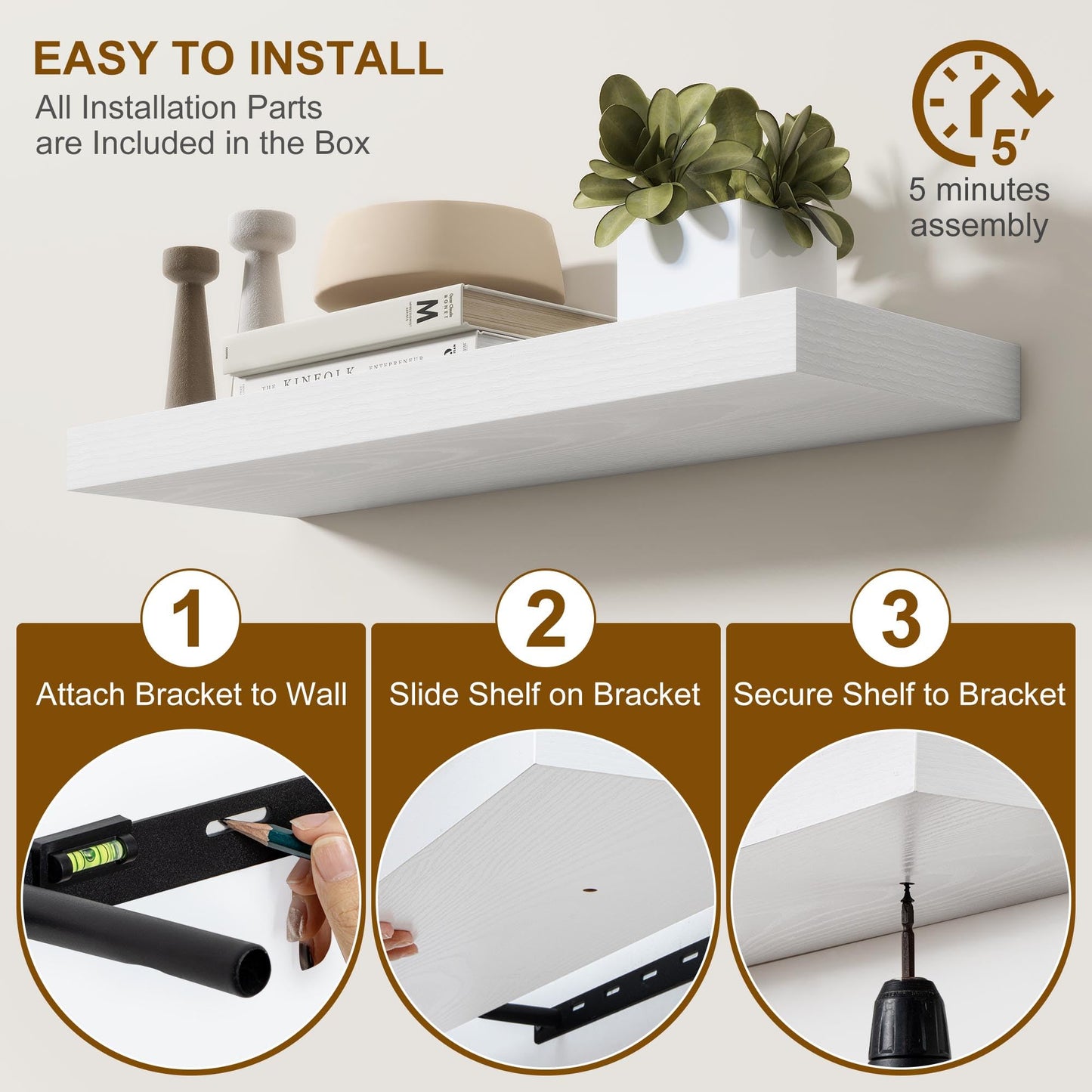 Fun Memories Floating Shelves for Wall, 20Inch Floating Shelves Set of 2, Hanging Shelf with Invisible Brackets, Wood Shelves for Living Room, Bedroom, Kitchen, White