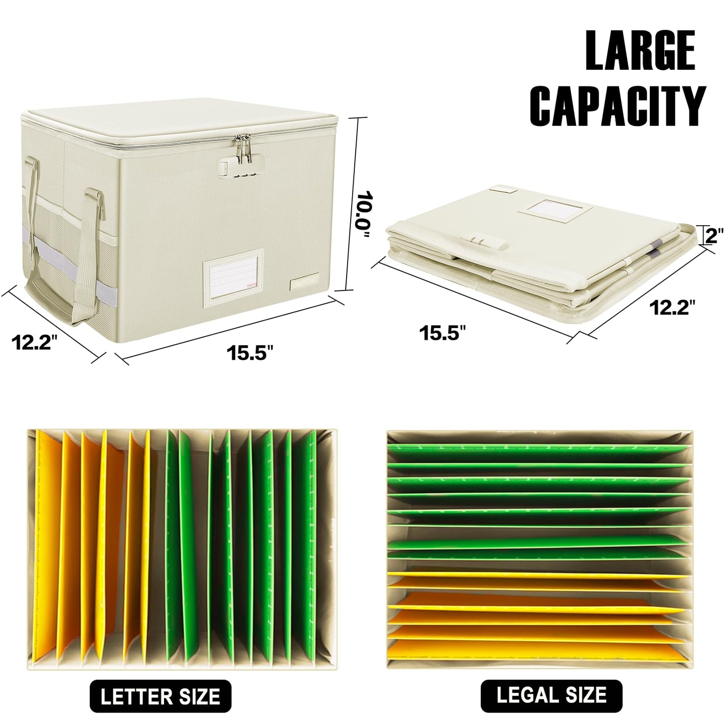 ENGPOW File Box with Lock, Fireproof Document Box with Zipper Lid, Collapsible File Storage Organizer Filing Cabinet with Handles, Portable Home Office Safe for Hanging Letter/Legal Folders, Beige