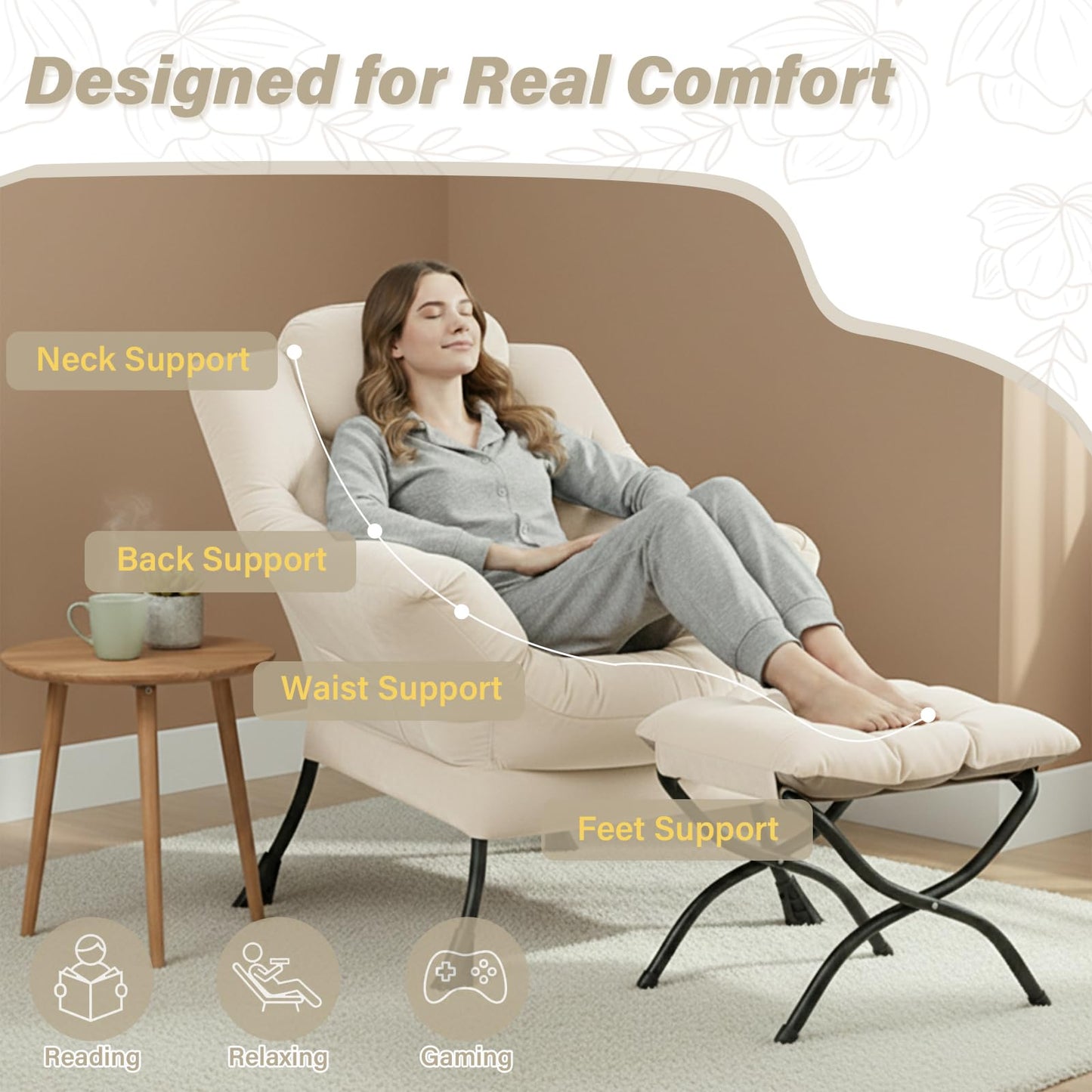 Givjoy Lazy Chair and Ottoman, Large Velvet Beige Accent Chair with a Side Pocket, Modern Leisure Upholstered Reading Armchair with Footrest for Office, Bedroom, Living Room, Dorm Rooms, Balcony
