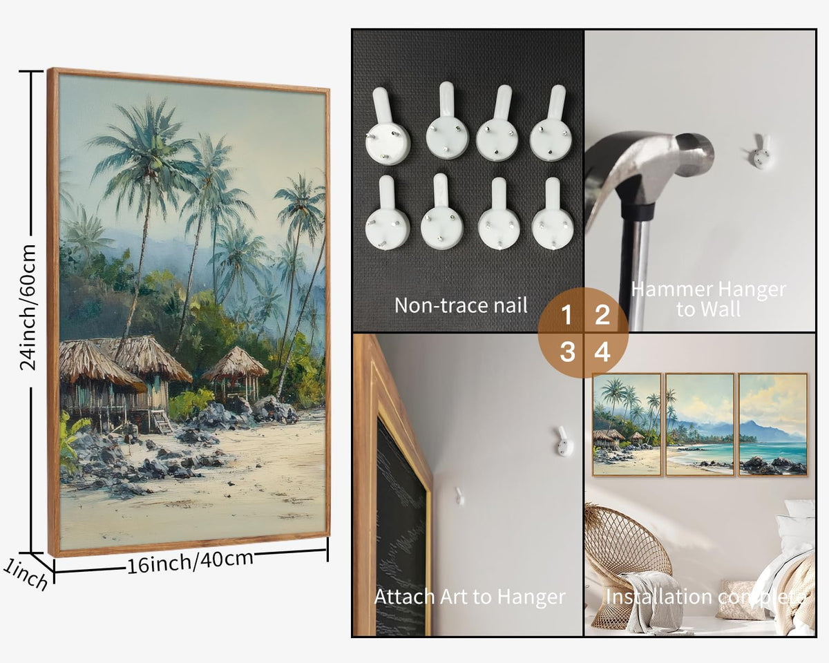 Rantodecor Tropical Coastal Framed Canvas Wall Art, Beach Landscape Posters Wall Decor, Island Palm Trees Beach House Art Paintings, Seascape Mountains Artwork for Bedroom Living Room Office 16"x24"x3