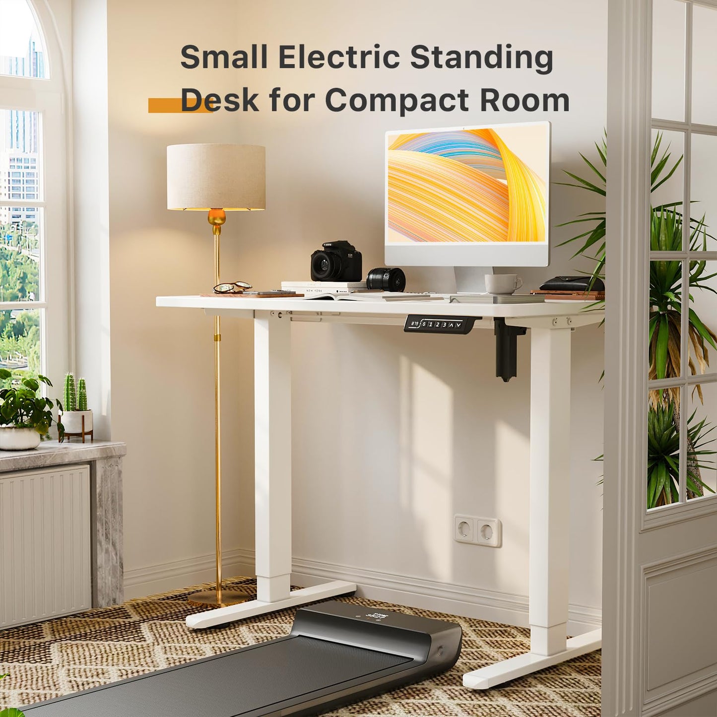 JOY worker Small Electric Standing Desk, 35" x 20" Whole Piece Height Adjustable Desk with Memory Controller, White Sit to Stand Desk Workstation for Home Office