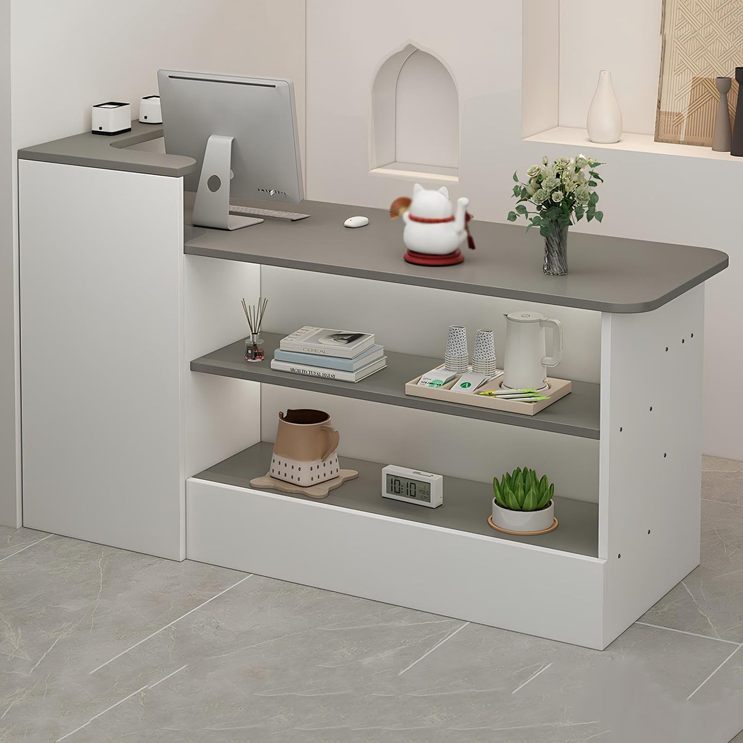 Modern L-Shaped Reception Desk - Stylish Wooden Checkout Counter with Open Shelves & Drawers for Office, Hotel, Store, Beauty Salon - Versatile & Functional Furniture (Grey+Right High 160cm/63in)