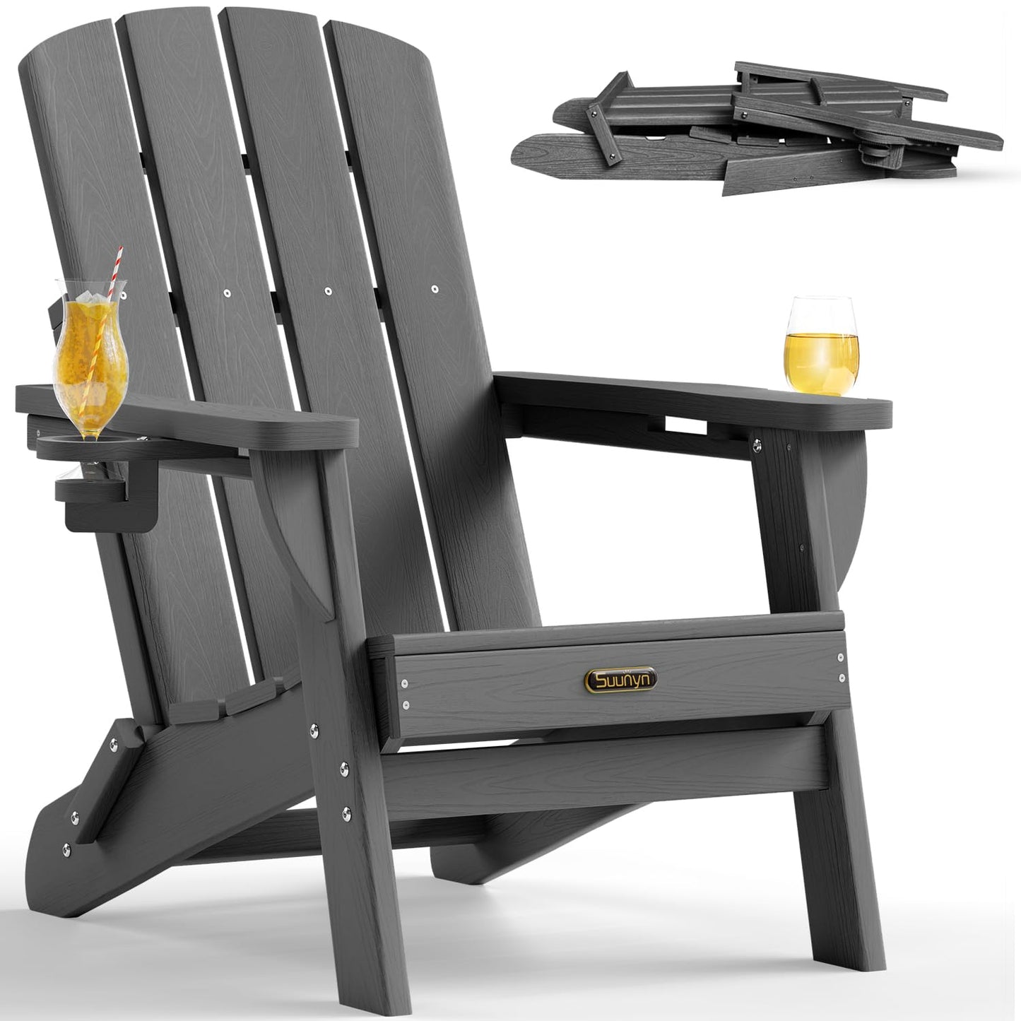 SUUNYN Folding Adirondack Chair, HDPE Adirondack Chairs with 2 Cup Holder, Plastic All-Weather Fire Pit Chairs, Outdoor Lawn Chair for Patio Garden (Grey)
