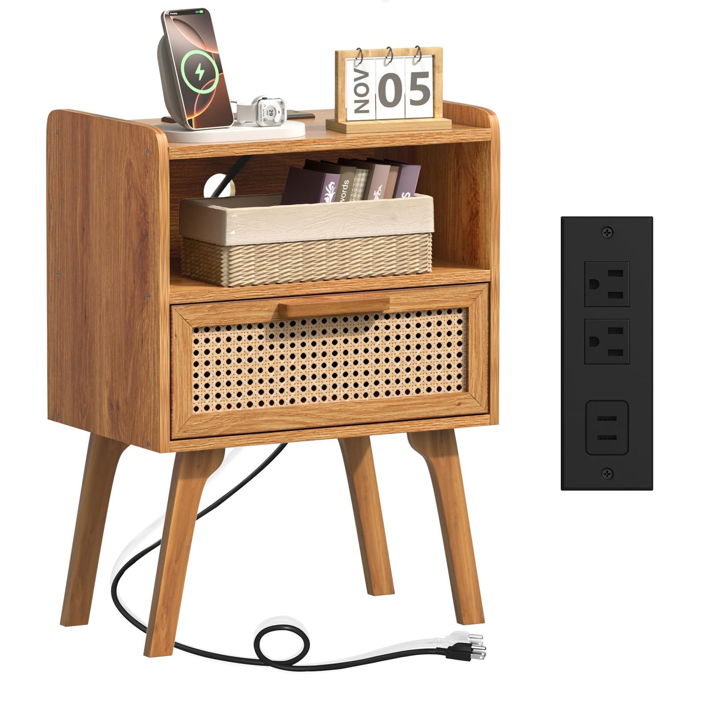 Lerliuo Rattan Nightstand with Charging Station, Side Table with Drawer, Cane Accent Bedside End Table with Solid Wood Legs, Night Stand for Bedroom, Dorm and Small Spaces (Tea Brown)