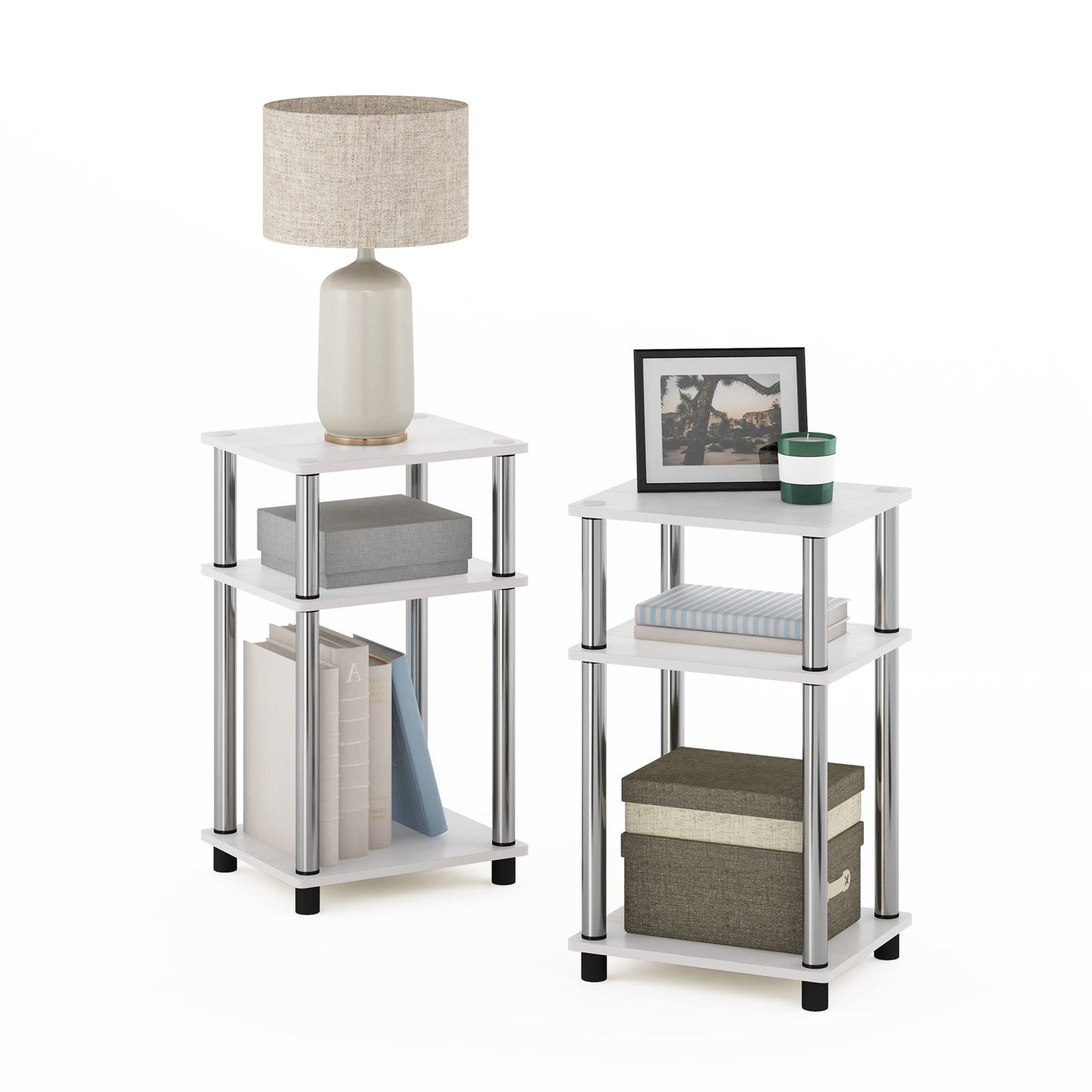 Furinno JUST Side Table Set of 2, 3-Tier Modern End Tables, Toolless Assembly Night Stand, Nightstand, Toolless Assembly, for Living Room, Bedroom, White Oak/Stainless Steel