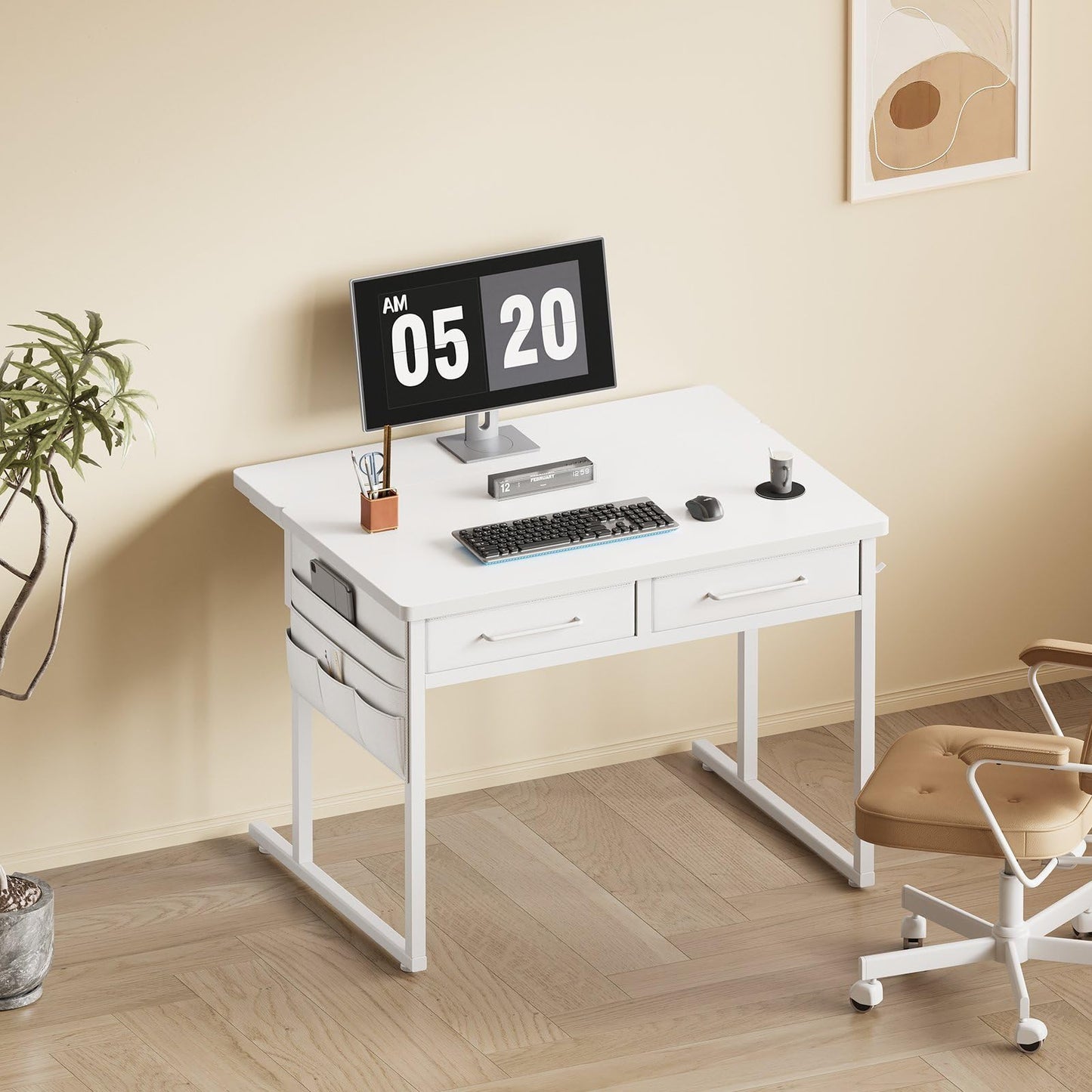 Maihail Small desk with Drawers, 31.5X15.8-22.9 Inches Office Computer Desk with Side Pocket & Ergonomic Adjustable Monitor Stand, Writing Table for Small Spaces, Kids desk, vanity desk Bedroom, White