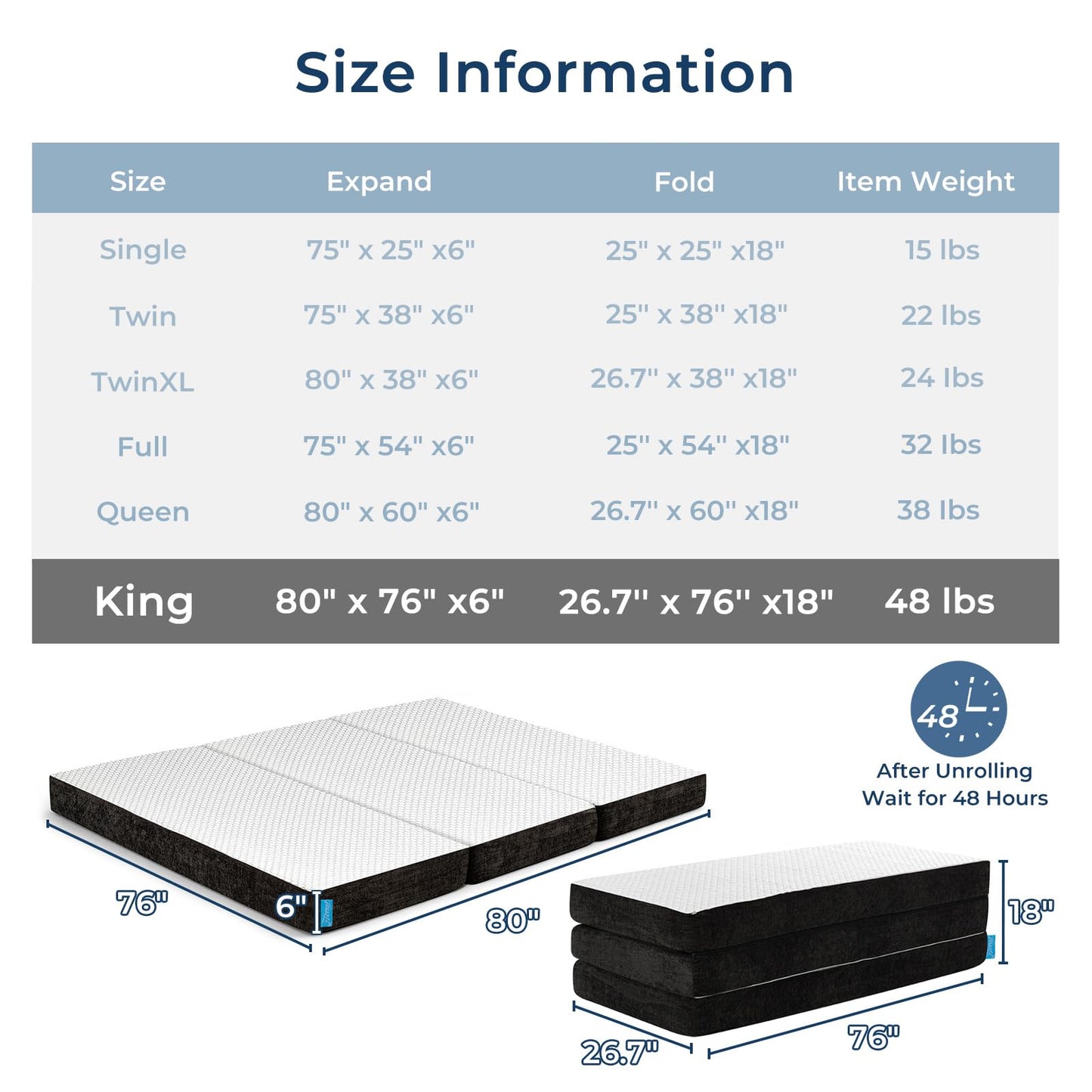 Freesof Odorless Foldable Mattress King Size 80" x 76" x 6", 6 Inch Medium Firm Folding Foam Mattress with Storage Bag, Fiberglass Free Trifold Memory Foam Mattress for RV, Guest Bed