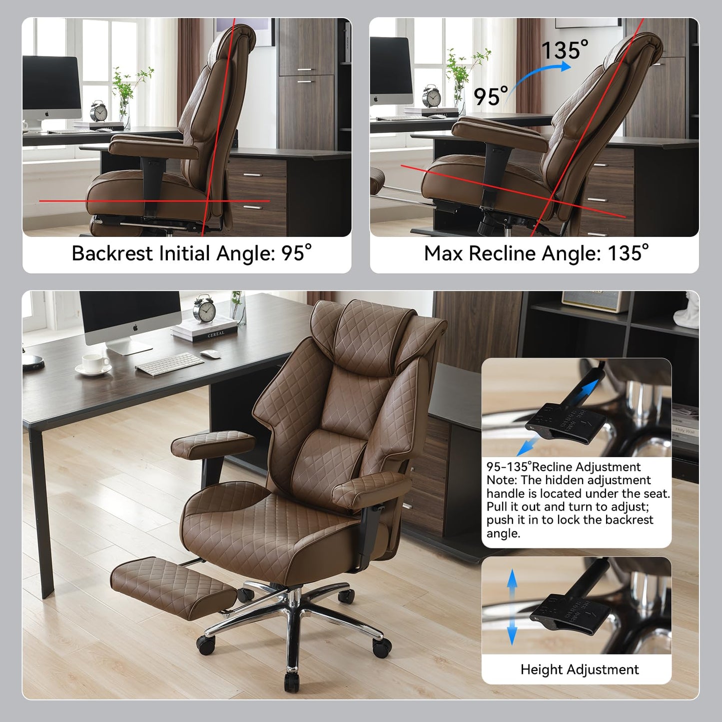 EXCEBET Big and Tall Office Chair with Footrest, PU Leather High Back Executive Office Chair 400lbs, Ergonomic Computer Chairs Lumbar Support for Heavy People (Brown)
