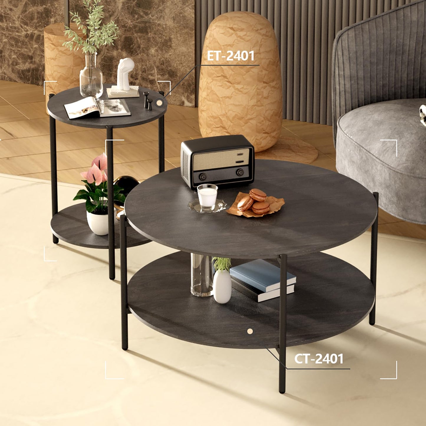 Kasrikly Round Side Table, 2-Tier Circle End Tables with Storage Wood Rustic Small End Tables Farmhouse Side Table for Living Room Bedroom Balcony Small Spaces