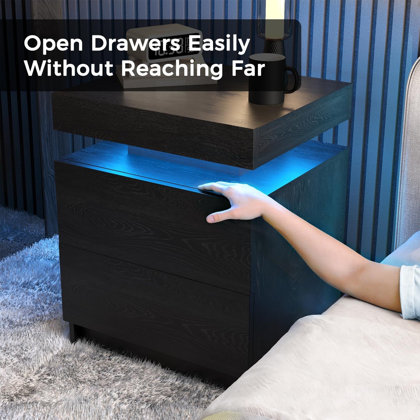 SMORBOSS LED Nightstands Set of 2, Modern Black Night Stand End Tables with APP & Remote Control LED Lighting, 2 Drawers, Open Shelf Storage, Bedside Tables for Bedroom and Living Room