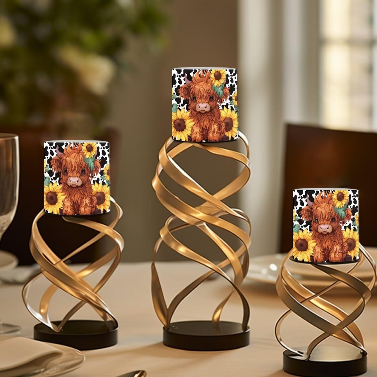 NETILGEN Sunflower Highland Cow Flameless Candles with Remote Control Timer LED Pillar Candles Set of 4 Battery Operated Candles for Home Living Room Decor