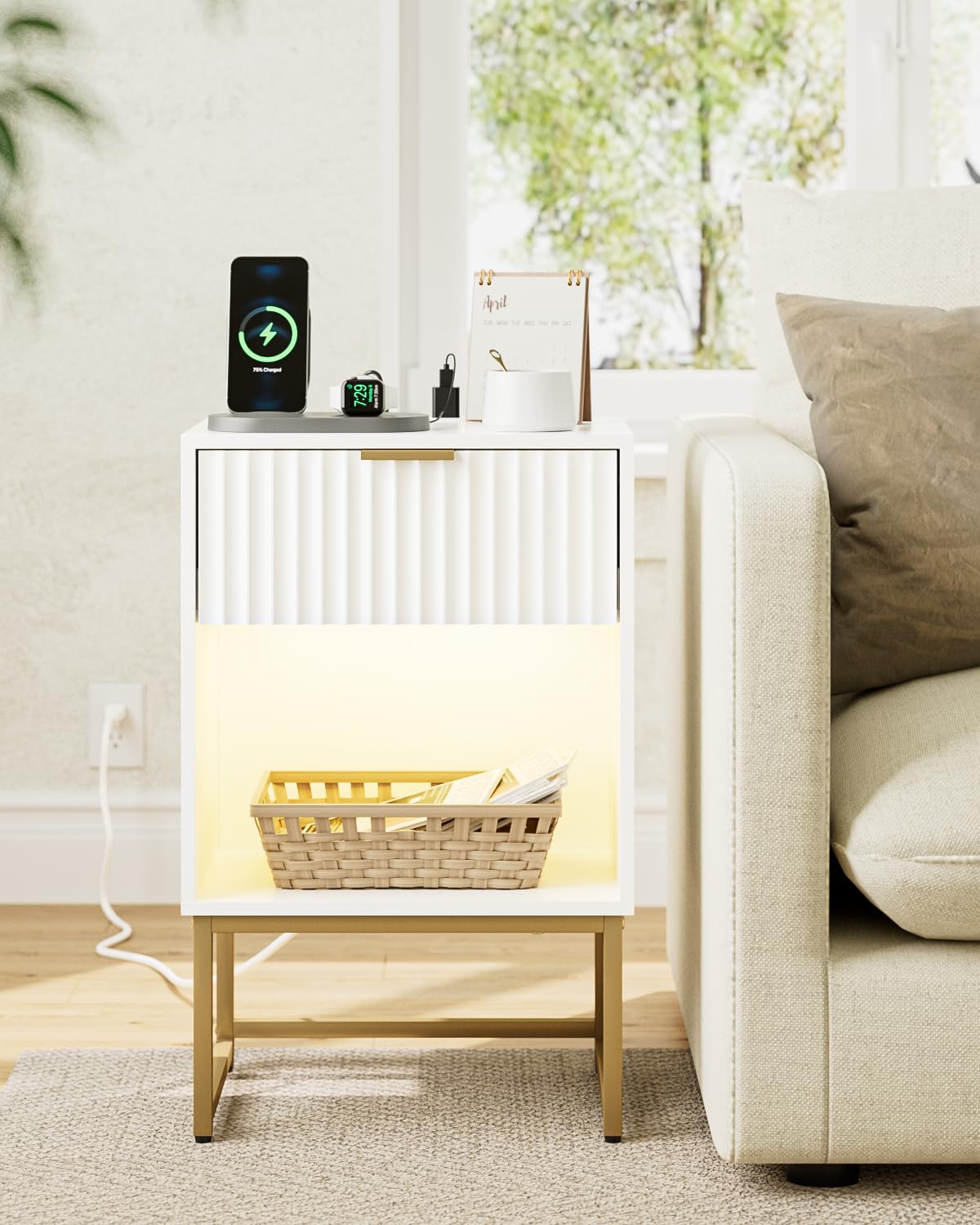 Masupu Fluted Nightstand with Charging Station and LED Lights,Modern Night Stand Wood Bedside Table with Storage Drawer Side End Table for Bedroom, Office,White