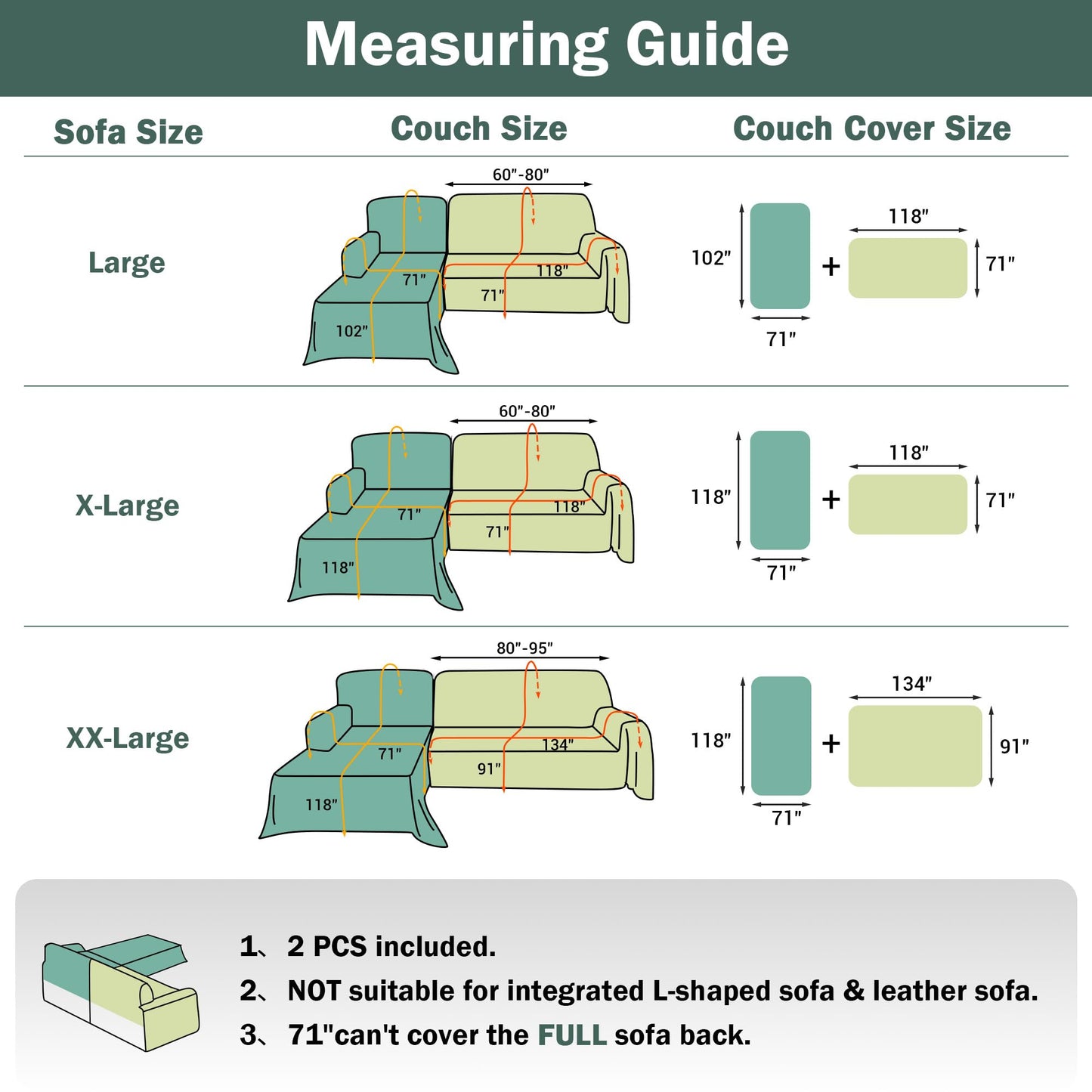 MEETSKY Couch Covers for Sectional Sofa, Chenille Couch Covers for L Shape Sofa Cover Washable, 2 Pieces Sofa Slipcover for 3-4 Cushion Couch, Furniture Protector (XX-Large, 71"x118"+91"x134", Sand)