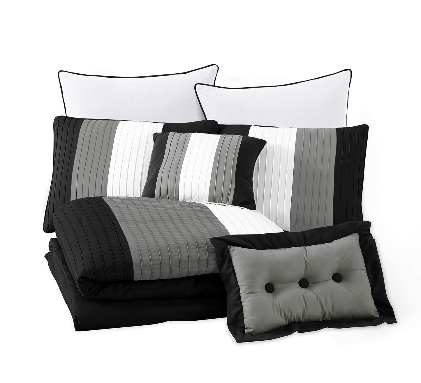 Chezmoi Collection Loft 6-Piece Luxury Striped Comforter Set (Twin, Black/Gray/White)