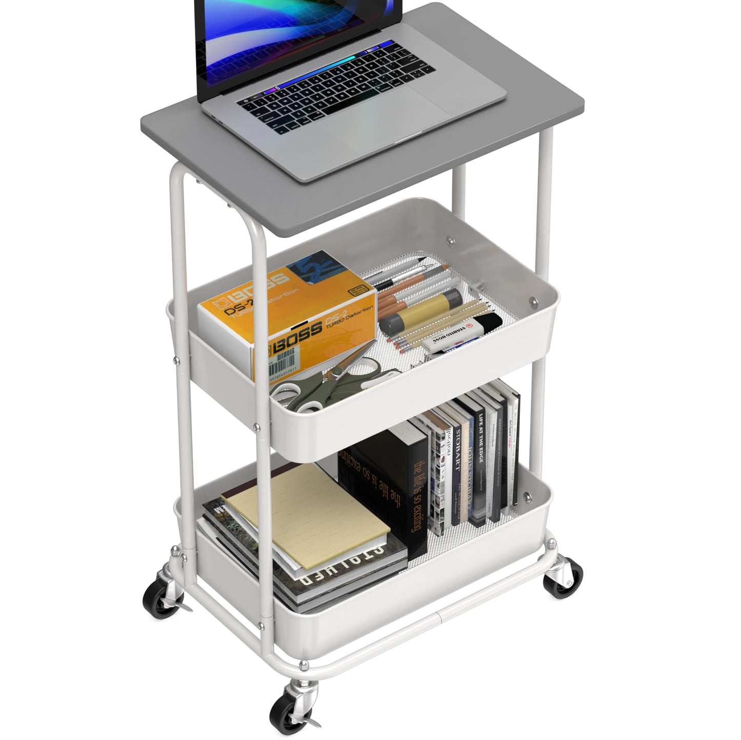 Simple Houseware 2-Tier Rolling Utility Cart with Lockable Wheels and Wood Top, Metal Storage Organizer Trolley for Kitchen, Bathroom, Office, Craft Room, Grey