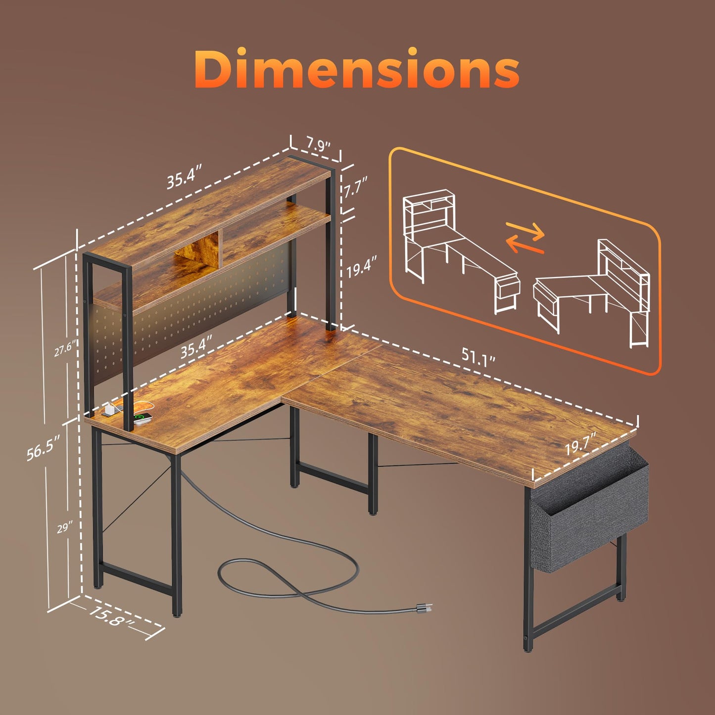Mericonia 50 inch Large L Shaped Desk with Pegboard Hutch & Shelves, Corner Gaming Desk with Power Outlet, LED Light & Storage Bag, Reversible Computer Desk for Home, Bedroom, Office Workspace, Brown