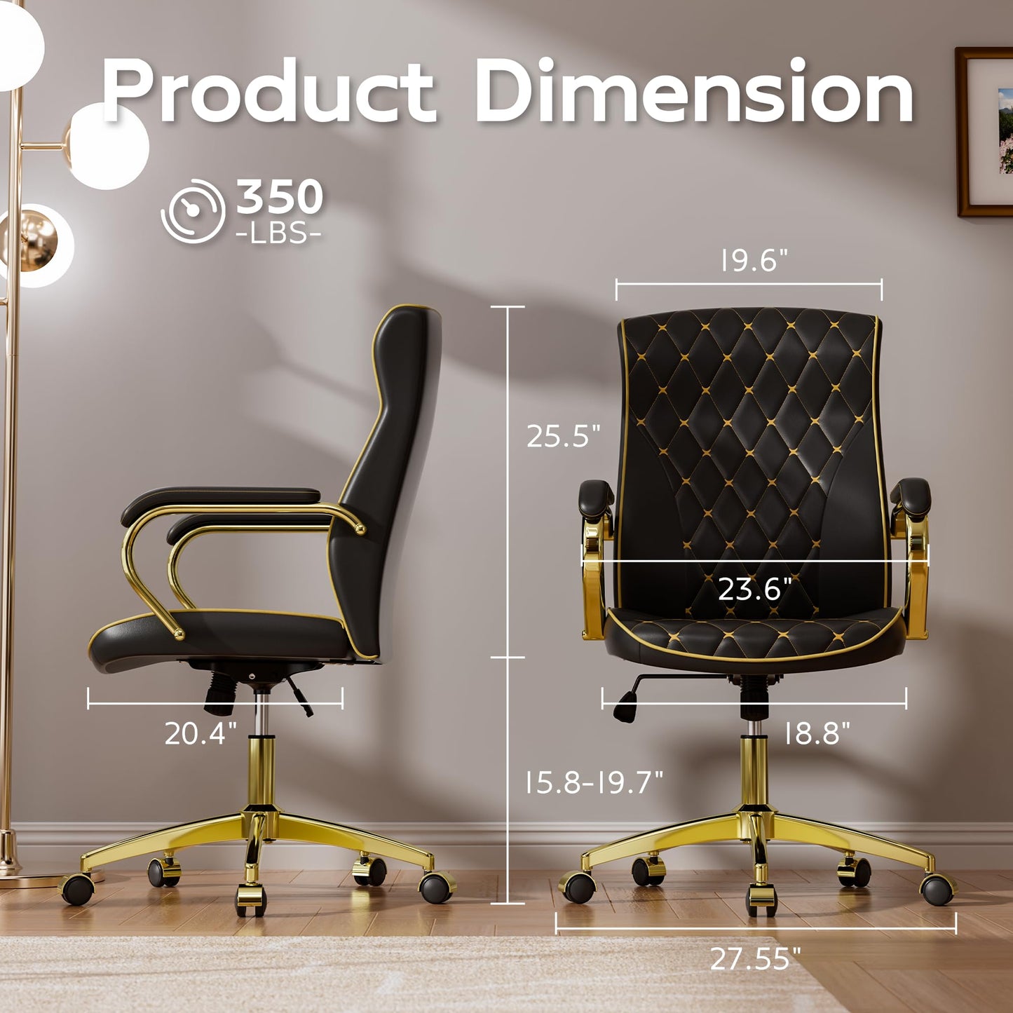HomeZeer Black and Gold Office Chair with Soft Leather Embroidery, Mid Back Vintage Swivel Executive Desk Chair with Wheels and Padded Arms, Adjustable Height