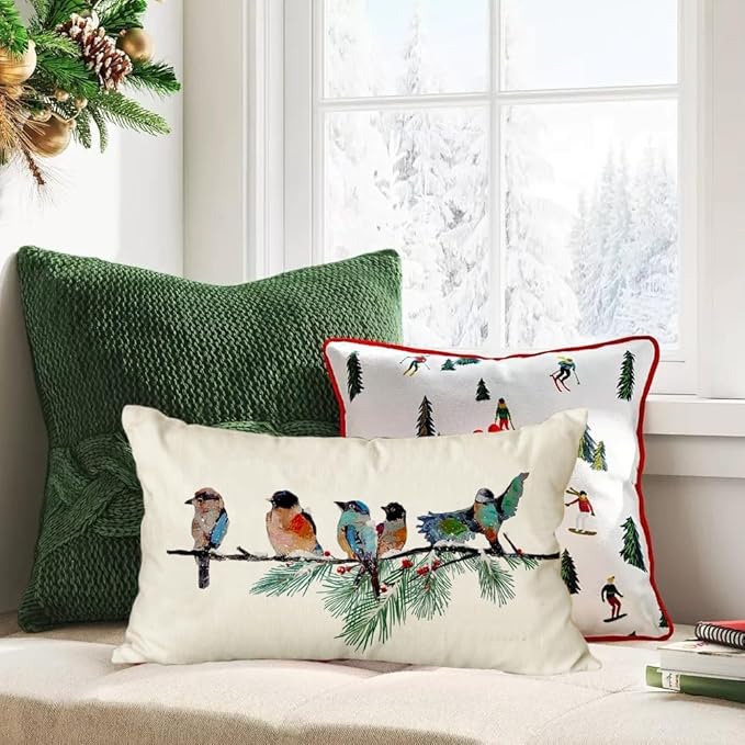 RABUSOFA Christmas Outdoor Pillow Covers Waterproof 12x20 Inch Birds Christmas