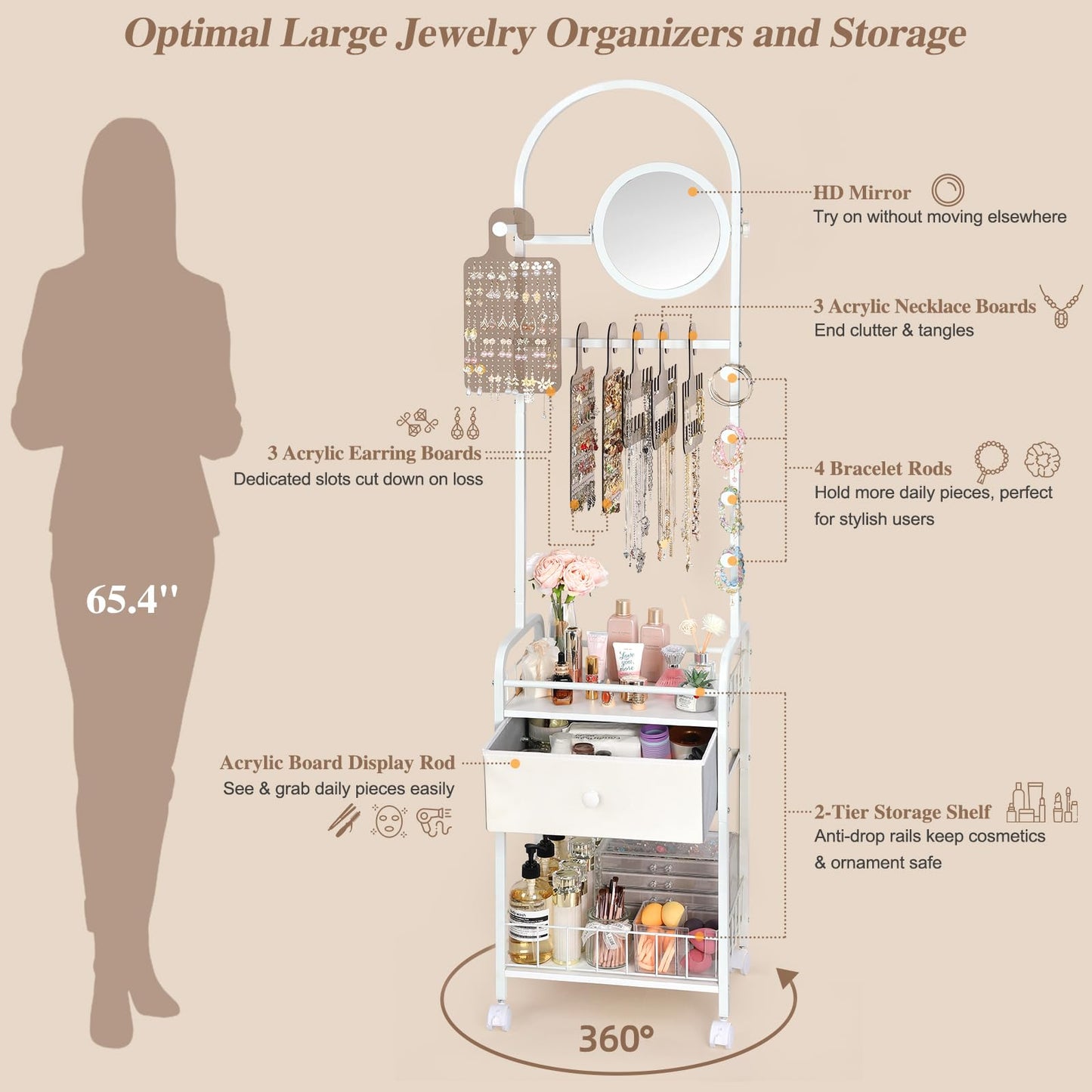 Keebofly Floor Jewelry Organizer with Adjustable Mirror, 67.52" Tall Jewelry Display Stand with 6 Acrylic Earring Necklace Pegboards, Mobile Jewelry Tower with Large Storage Drawer for Women
