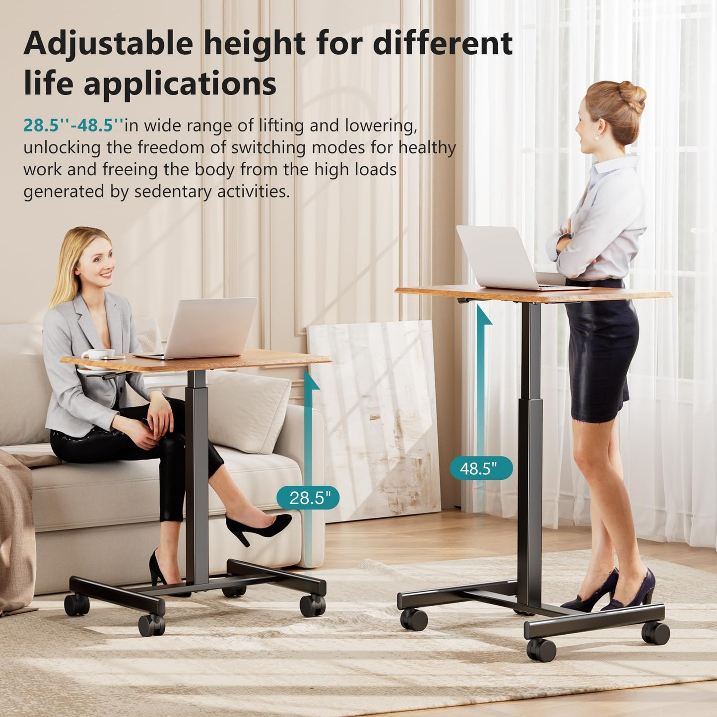 OLIXIS Small Standing Desk with Locking Wheels, Mobile Portable Rolling Laptop PC Table, Adjustable Height Computer Workstation for Home Office, 19 Inch, Brown