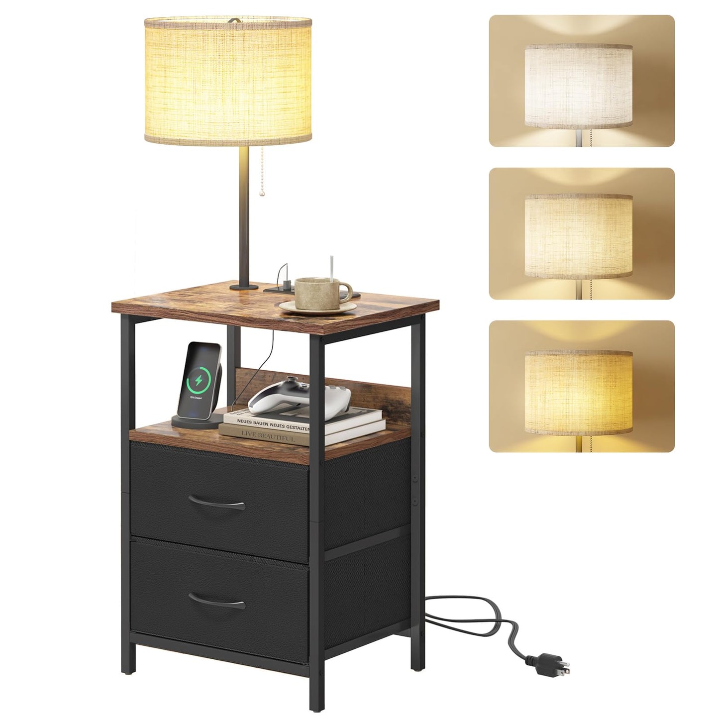 Fixwal Bedside Table with 3 Color Temperature Reading Light, Nightstand with LED Light & Charging Station End Table with Adjustable Fabric Drawer for Bedroom, Dorm, Rustic Brown