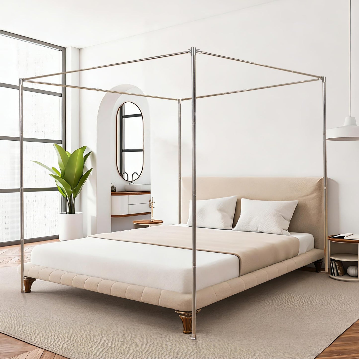 Hosercap Canopy Bed Frame Queen Size, Stainless Steel Metal Bed Post Poles, Heavy Duty 4 Poster Floor Bedframe, Freestanding Easy Assemble