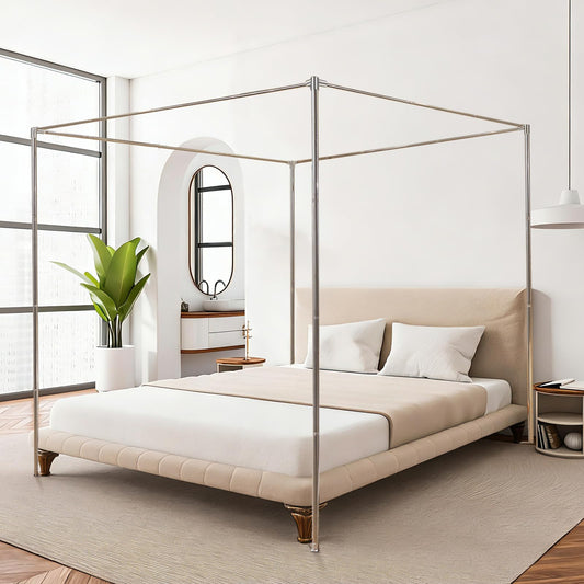 Hosercap Canopy Bed Frame Queen Size, Stainless Steel Metal Bed Post Poles, Heavy Duty 4 Poster Floor Bedframe, Freestanding Easy Assemble