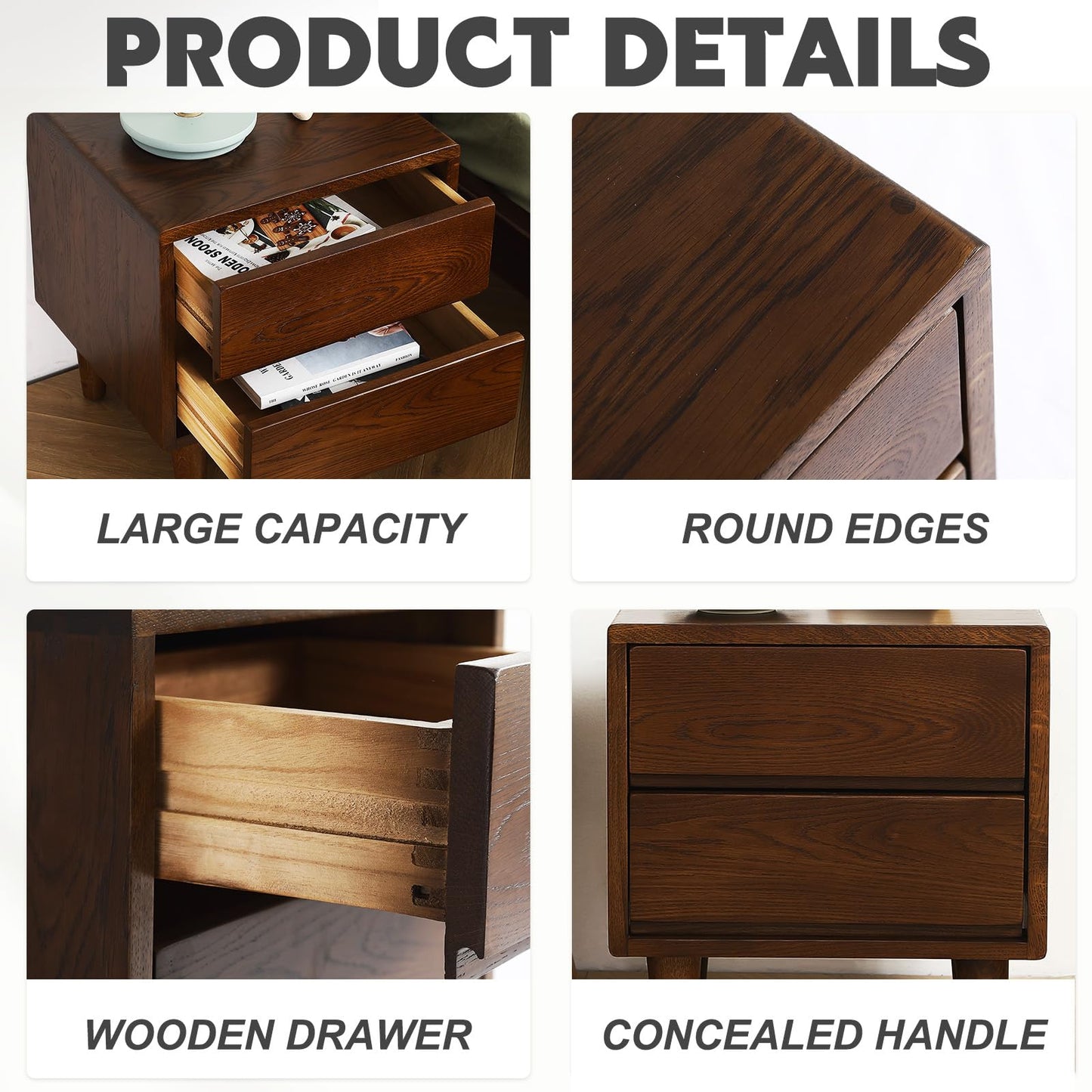 Solid Oak Wood Nightstand, Bedside Table with 2 Drawer, Mid-Century Luxury Night Stand, Modern Sofa Side End Table, Farmhouse Wooden Night Stand for Bedroom, Easy Assembly, Walnut Color