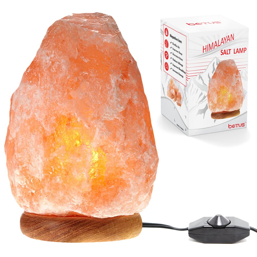 Betus [Natural Crystal Himalaya Salt Lamp Hand Carved on Wood Base with Dimmable Cord and Light Bulb - 6 to 7 Inches Height, 3 to 5 Pounds