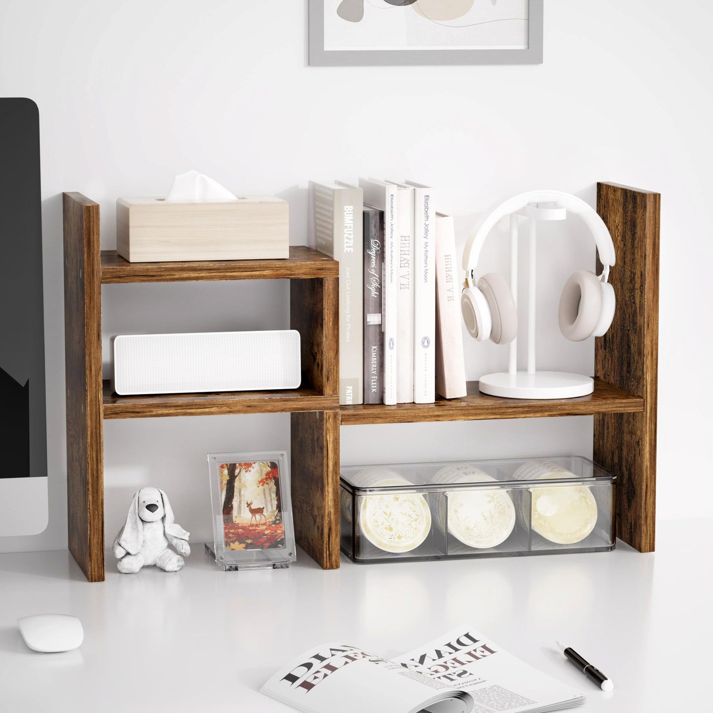 Jerry & Maggie - Desktop Organizer Office Storage Rack Adjustable Wood Display Shelf, Birthday Gifts Toy Home Decor Free Style Rotation Display True Natural Stand Shelf (Natural Wood Tone)