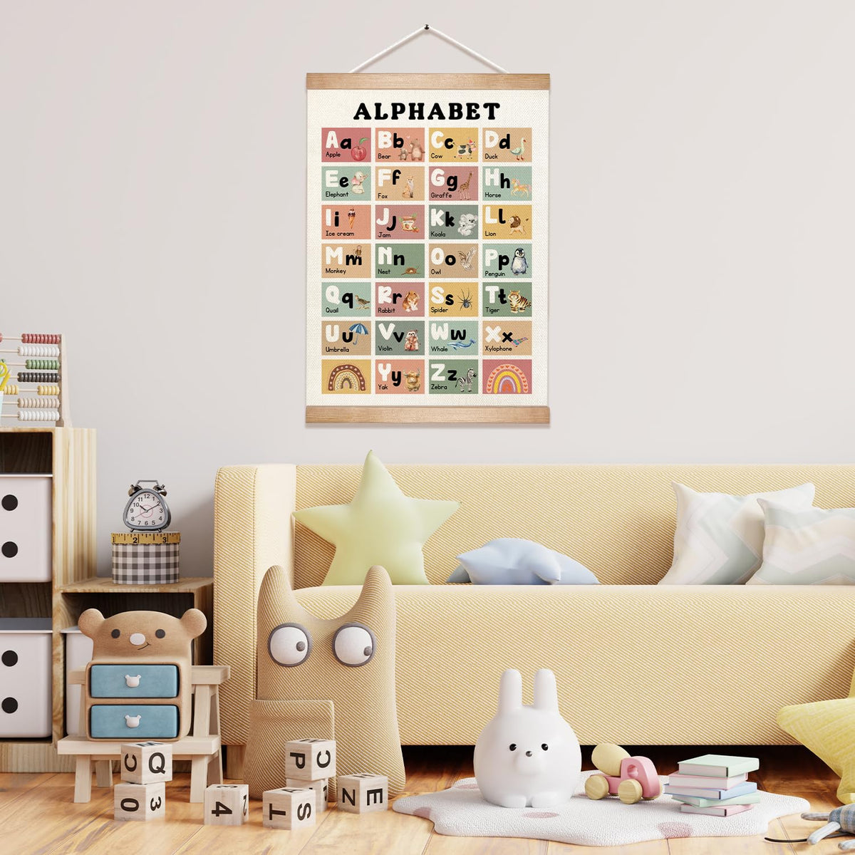 Educational Alphabet Chart Wall Art, 18.5x14Inch Colourful Alphabet Canvas Print Poster with Wooden Henger, Classroom Learning Posters, A-Z Letters Wall Art Decor for Nursery,Playroom and Home School