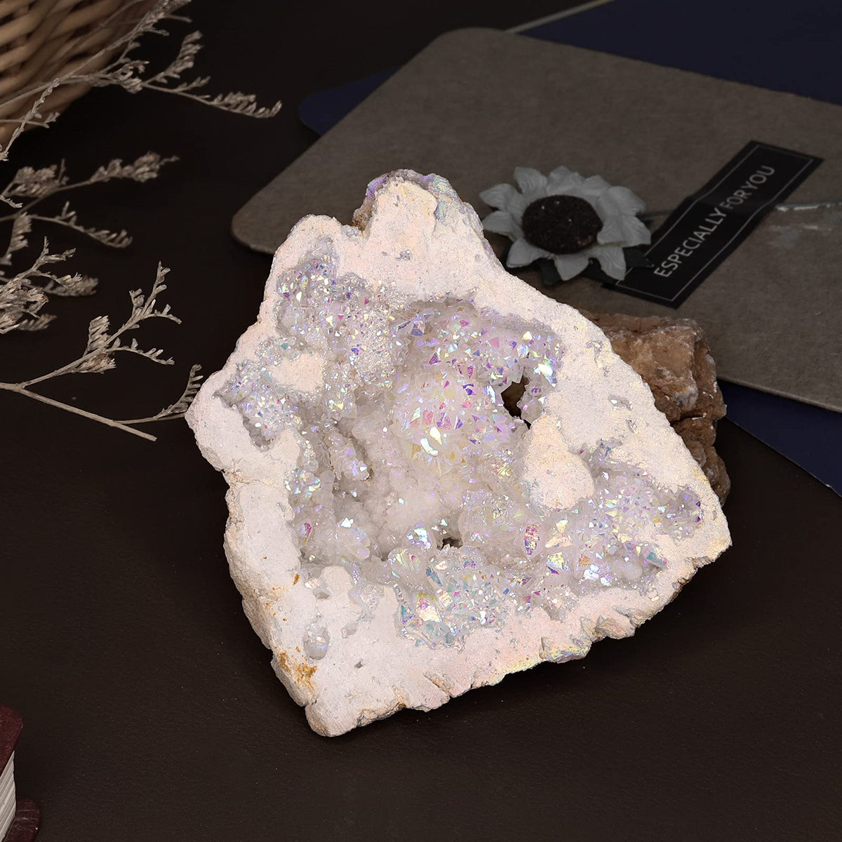 Rockcloud Titanium Coated Crystal Geode Mineral Specimen Irregular Reiki Crystal Stone for Home Office Decoration, White AB Crystal